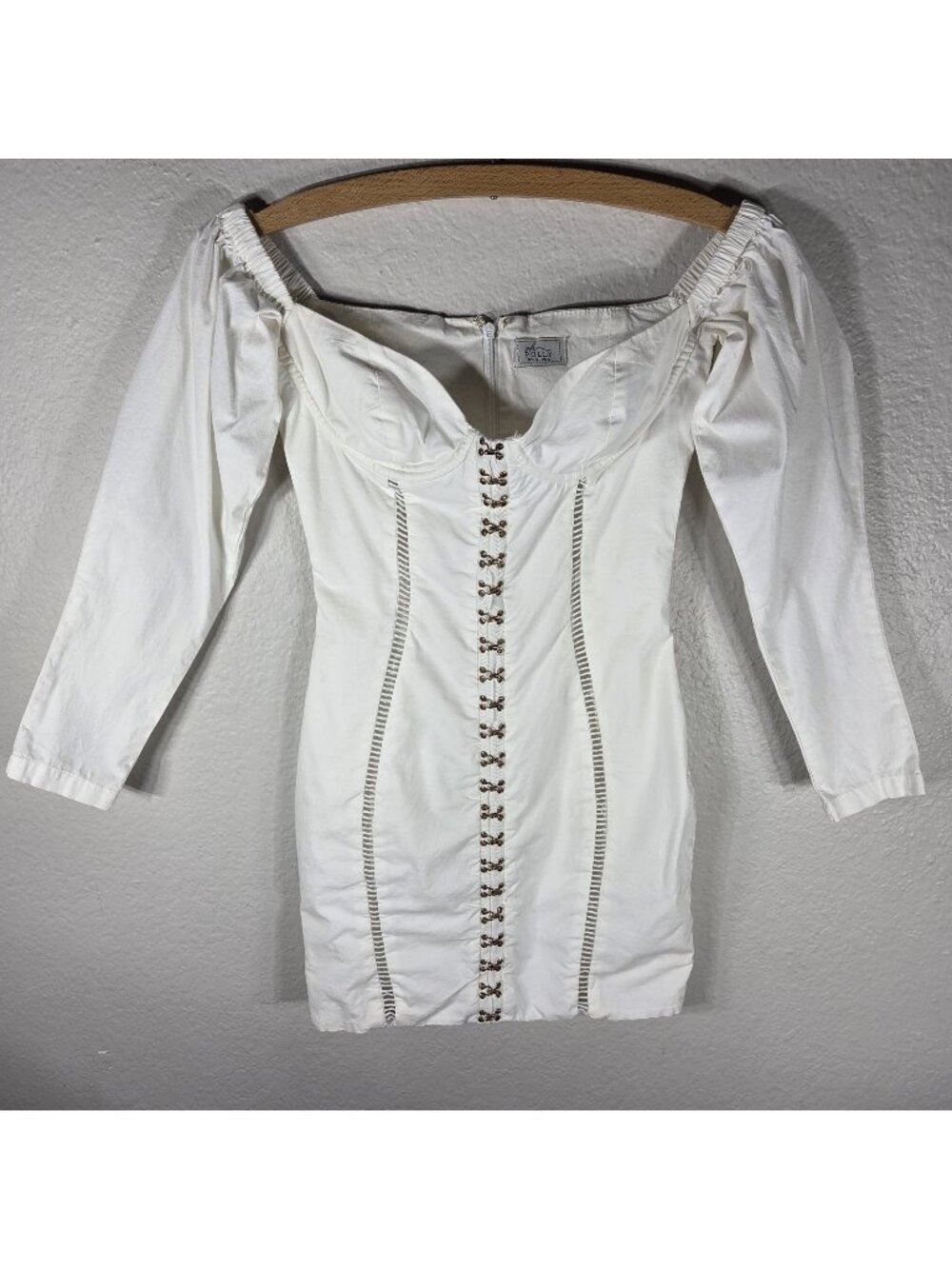 Oh Polly White Mini Corset Dress Size 2 Sweetheart Neck Lace Up 3/4 Sleeve